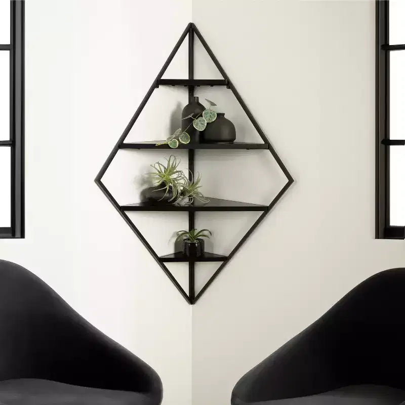 Étagère murale d'angle diamantée en métal noir et bois, 4 niveaux, 23"x16"x38", quincaillerie incluse