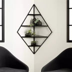Étagère murale d'angle diamantée en métal noir et bois, 4 niveaux, 23"x16"x38", quincaillerie incluse