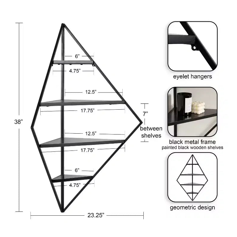 Étagère murale d'angle diamantée en métal noir et bois, 4 niveaux, 23"x16"x38", quincaillerie incluse