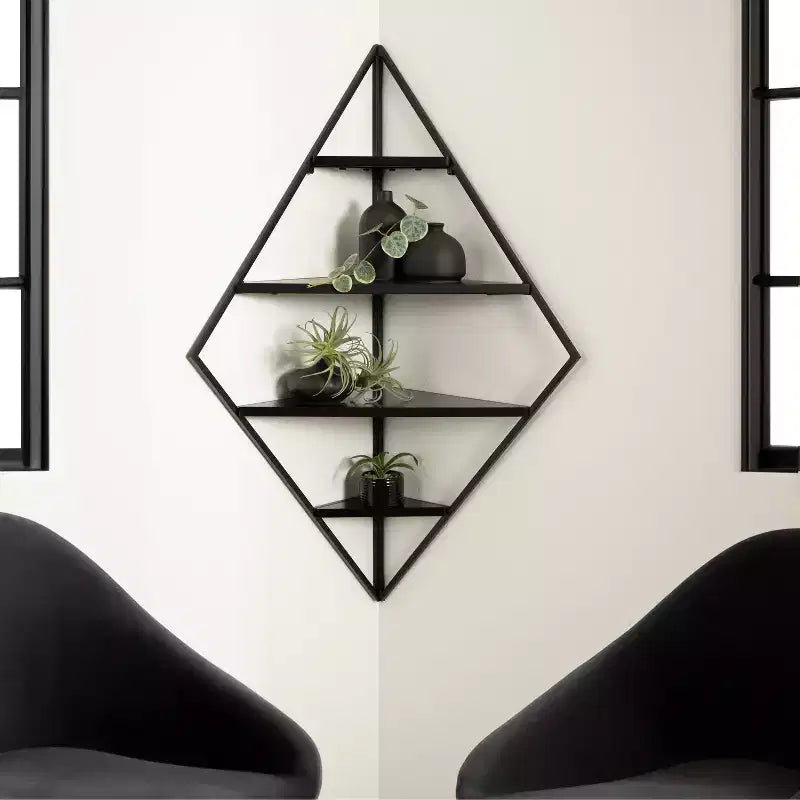 Étagère murale d'angle diamantée en métal noir et bois, 4 niveaux, 23"x16"x38", quincaillerie incluse