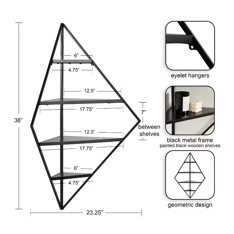 Étagère murale d'angle diamantée en métal noir et bois, 4 niveaux, 23"x16"x38", quincaillerie incluse