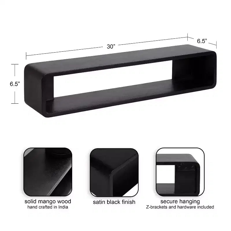 Étagère murale flottante noire 30"x6,5", Bois de manguier, Aucun assemblage requis, Fixations incluses
