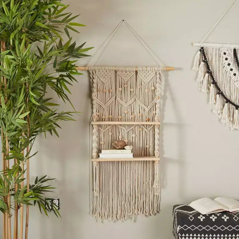 Étagère murale en macramé faite à la main, 2 étagères en bois de manguier, corde de coton, style bohème, 63,5 cm x 124,5 cm