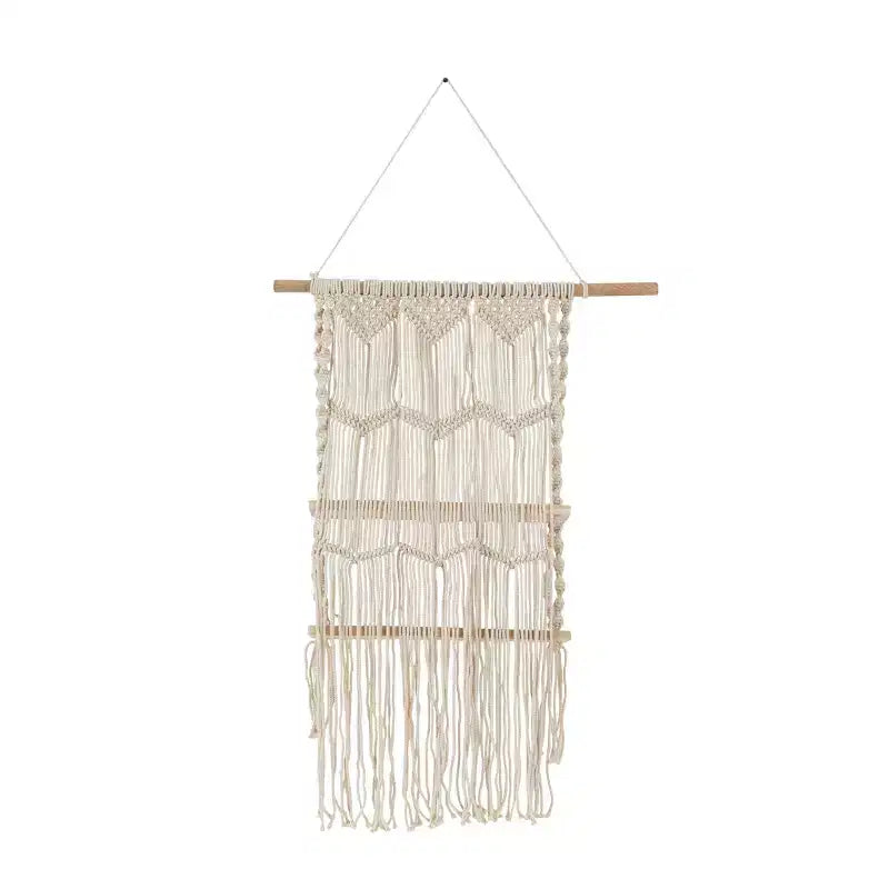 Étagère murale en macramé faite à la main, 2 étagères en bois de manguier, corde de coton, style bohème, 63,5 cm x 124,5 cm