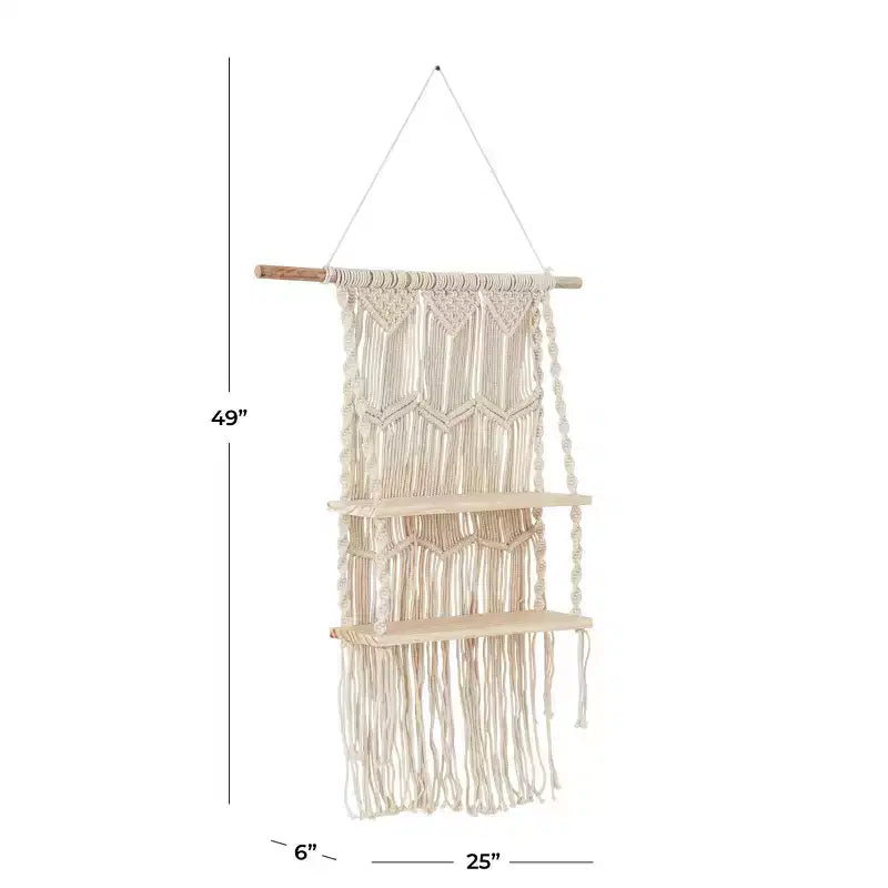 Étagère murale en macramé faite à la main, 2 étagères en bois de manguier, corde de coton, style bohème, 63,5 cm x 124,5 cm