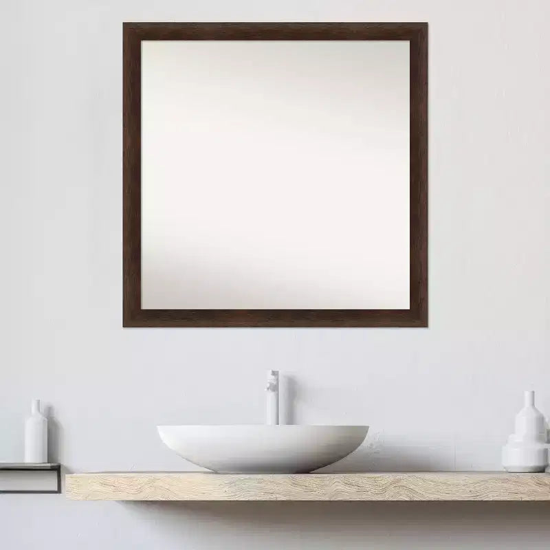 Miroir mural carré en bois 29"x29", cadre étroit noyer chaud, fixation murale, quincaillerie incluse