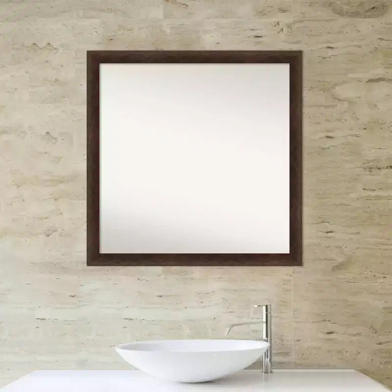 Miroir mural carré en bois 29"x29", cadre étroit noyer chaud, fixation murale, quincaillerie incluse