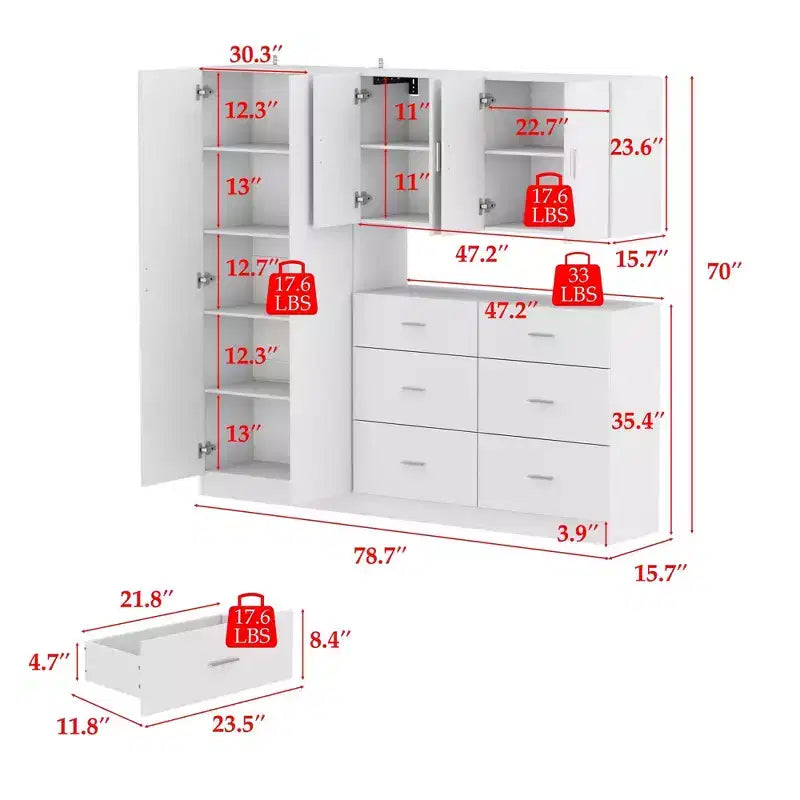 Ensemble d'armoires de cuisine avec 6 tiroirs, 6 portes et étagères réglables, blanc, 199,9 x 39,9 x 177,8 cm