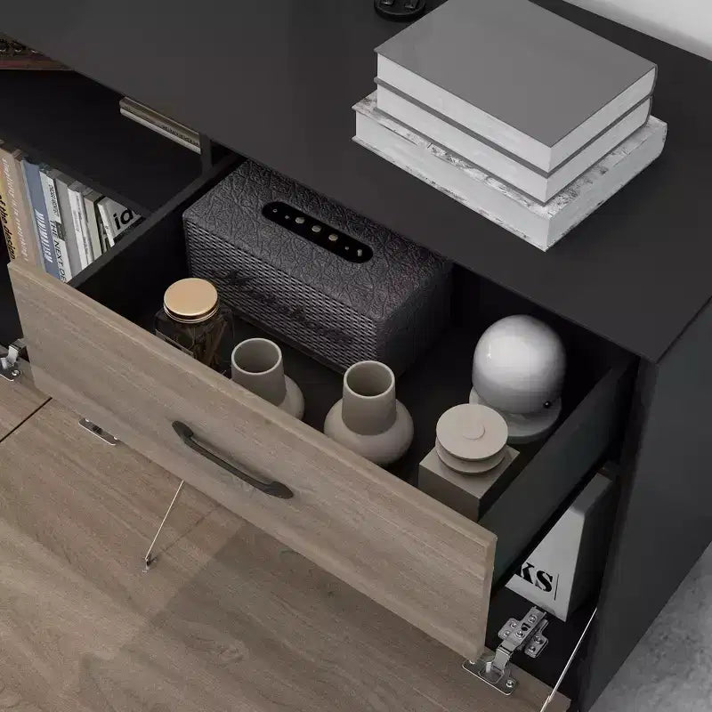 Meuble TV moderne 63" avec portes relevables et rangement, grain de bois gris, convient aux téléviseurs jusqu'à 70"