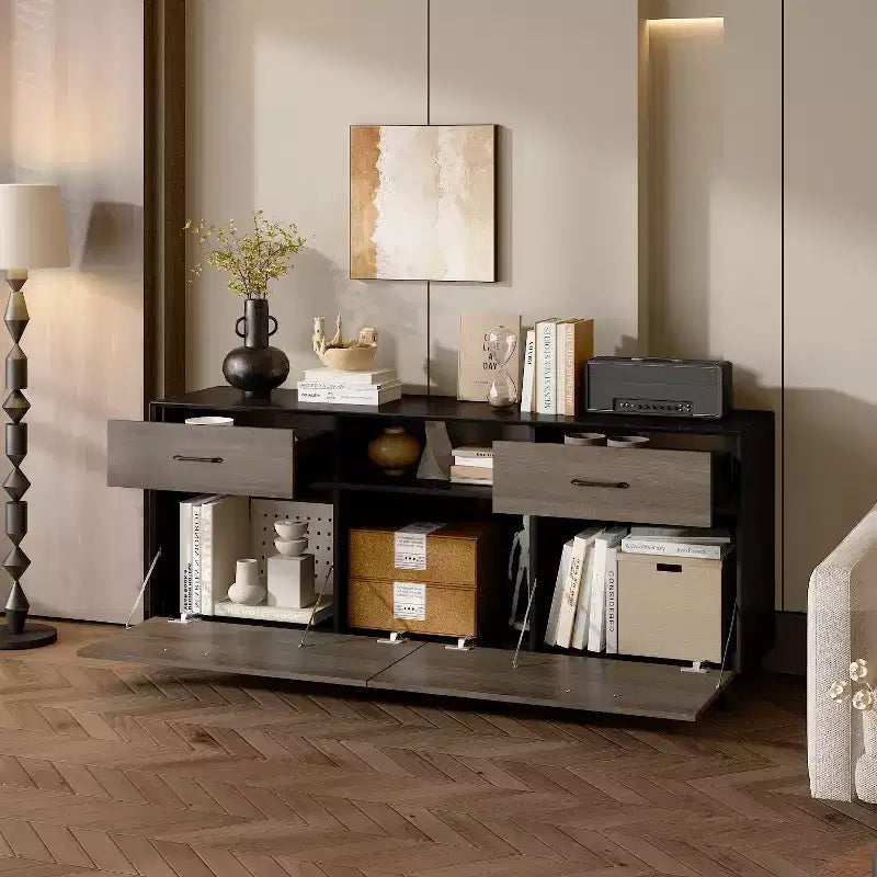 Meuble TV moderne 63" avec portes relevables et rangement, grain de bois gris, convient aux téléviseurs jusqu'à 70"