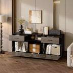 Meuble TV moderne 63" avec portes relevables et rangement, grain de bois gris, convient aux téléviseurs jusqu'à 70"