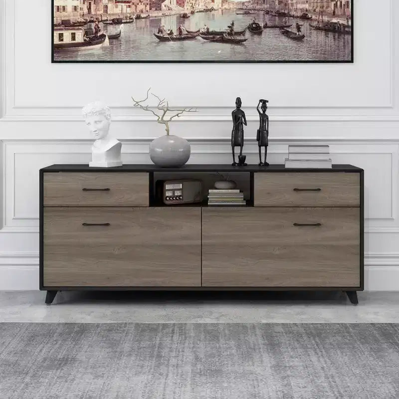 Meuble TV moderne 63" avec portes relevables et rangement, grain de bois gris, convient aux téléviseurs jusqu'à 70"