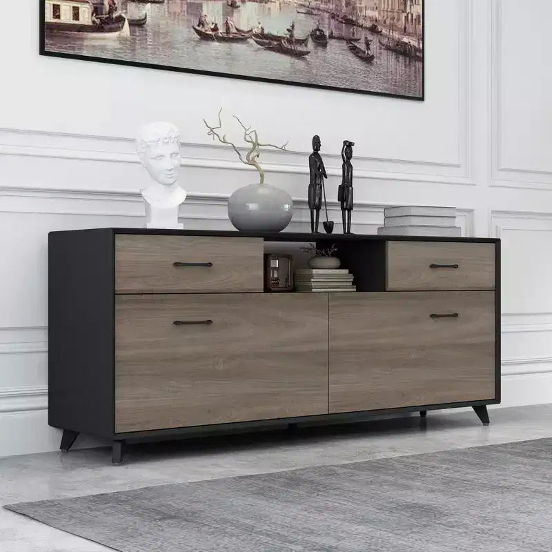Meuble TV moderne 63" avec portes relevables et rangement, grain de bois gris, convient aux téléviseurs jusqu'à 70"