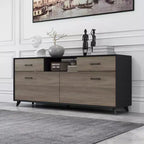 Meuble TV moderne 63" avec portes relevables et rangement, grain de bois gris, convient aux téléviseurs jusqu'à 70"