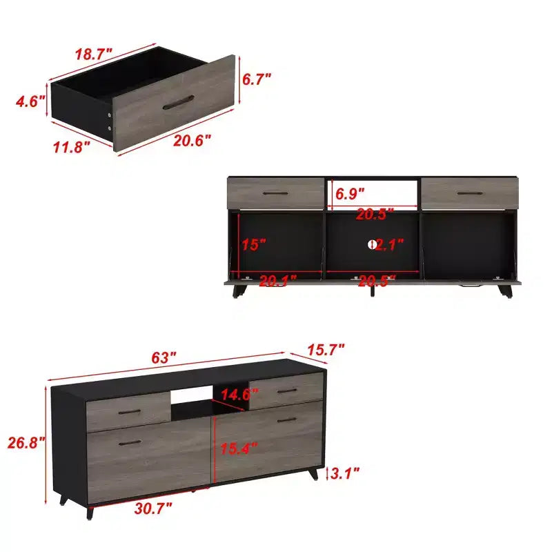 Meuble TV moderne 63" avec portes relevables et rangement, grain de bois gris, convient aux téléviseurs jusqu'à 70"