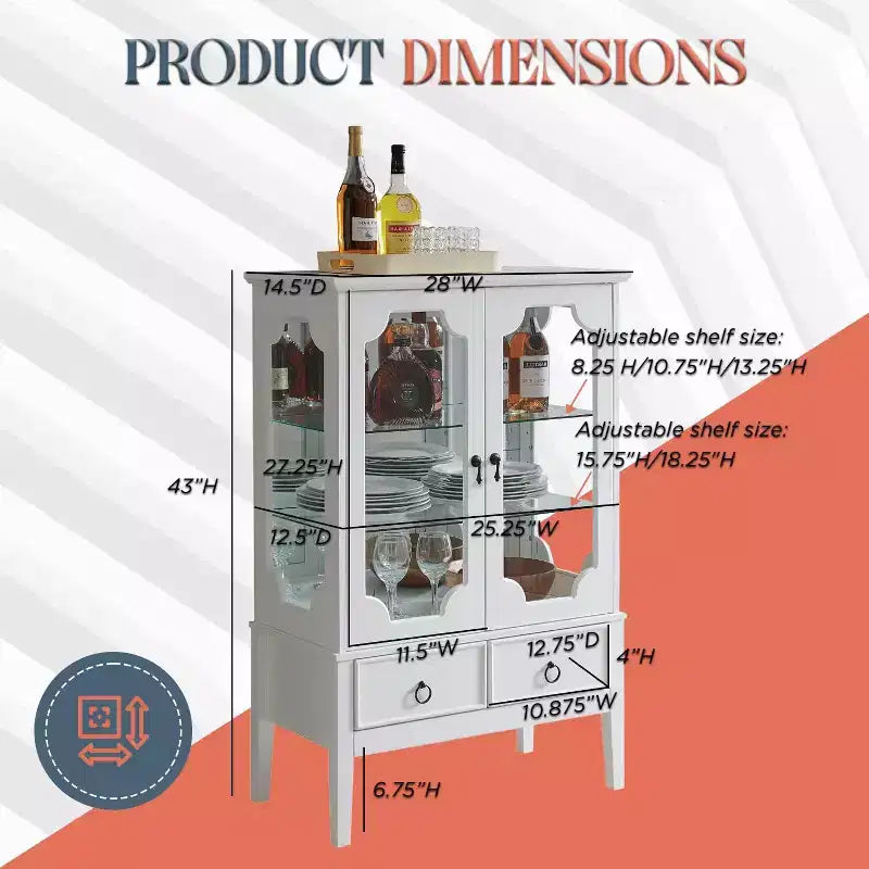 Vitrine de rangement dorée avec portes en verre et 2 tiroirs, MDF, 28"x15"x43"