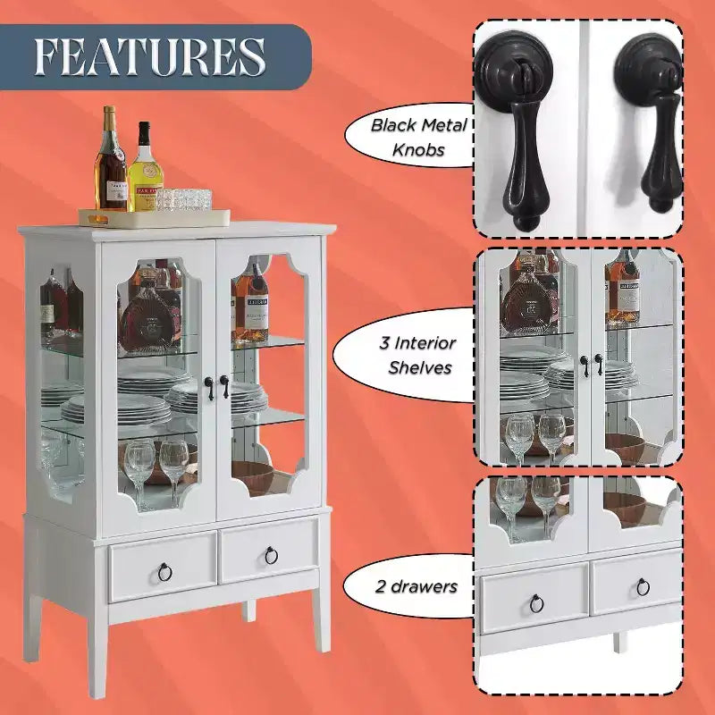 Vitrine de rangement dorée avec portes en verre et 2 tiroirs, MDF, 28"x15"x43"