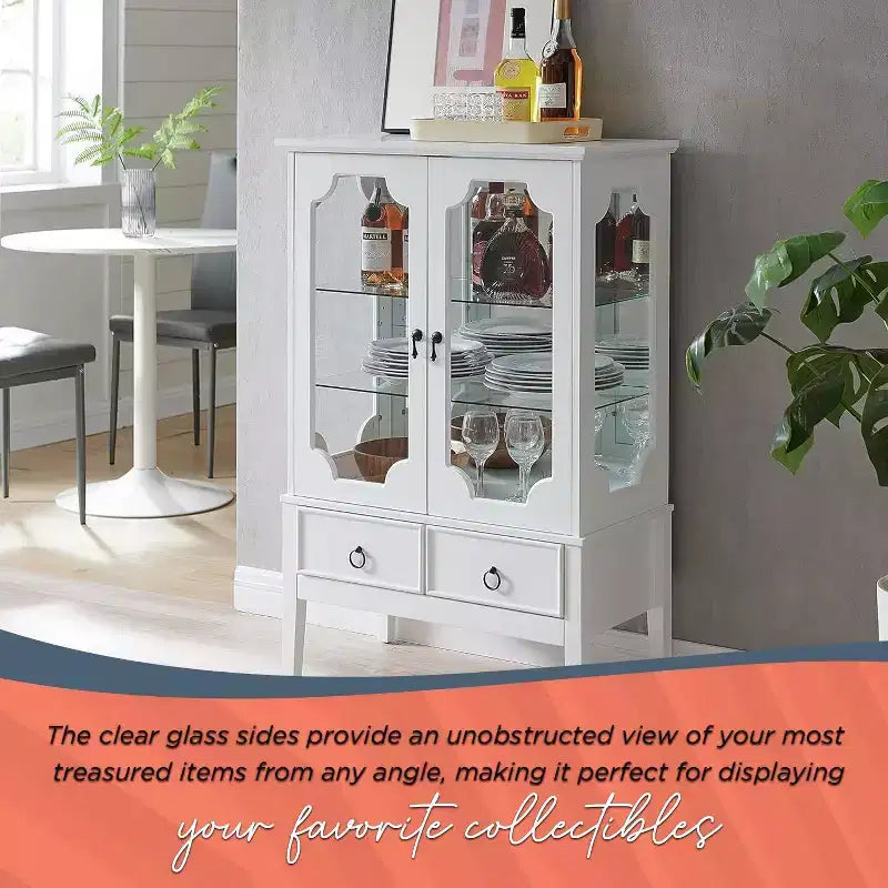Vitrine de rangement dorée avec portes en verre et 2 tiroirs, MDF, 28"x15"x43"