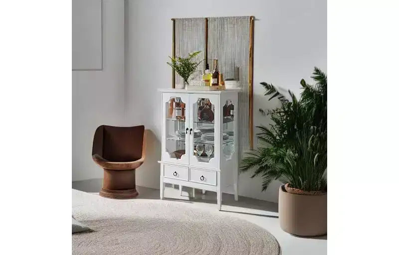 Vitrine de rangement dorée avec portes en verre et 2 tiroirs, MDF, 28"x15"x43"