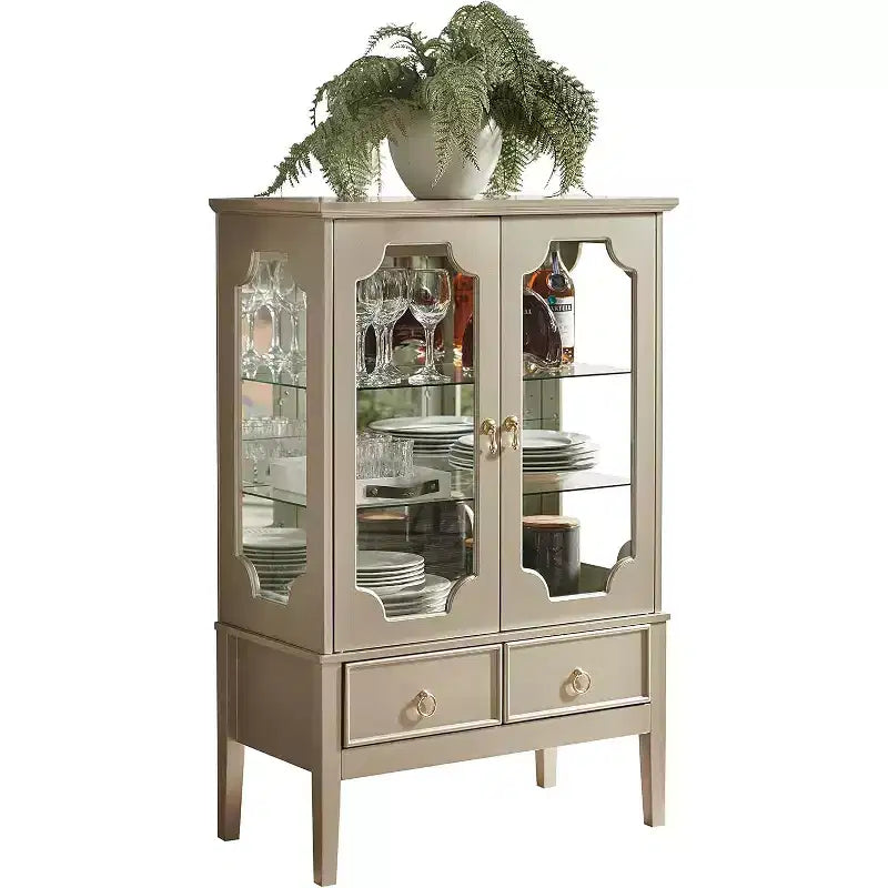 Vitrine de rangement dorée avec portes en verre et 2 tiroirs, MDF, 28"x15"x43"