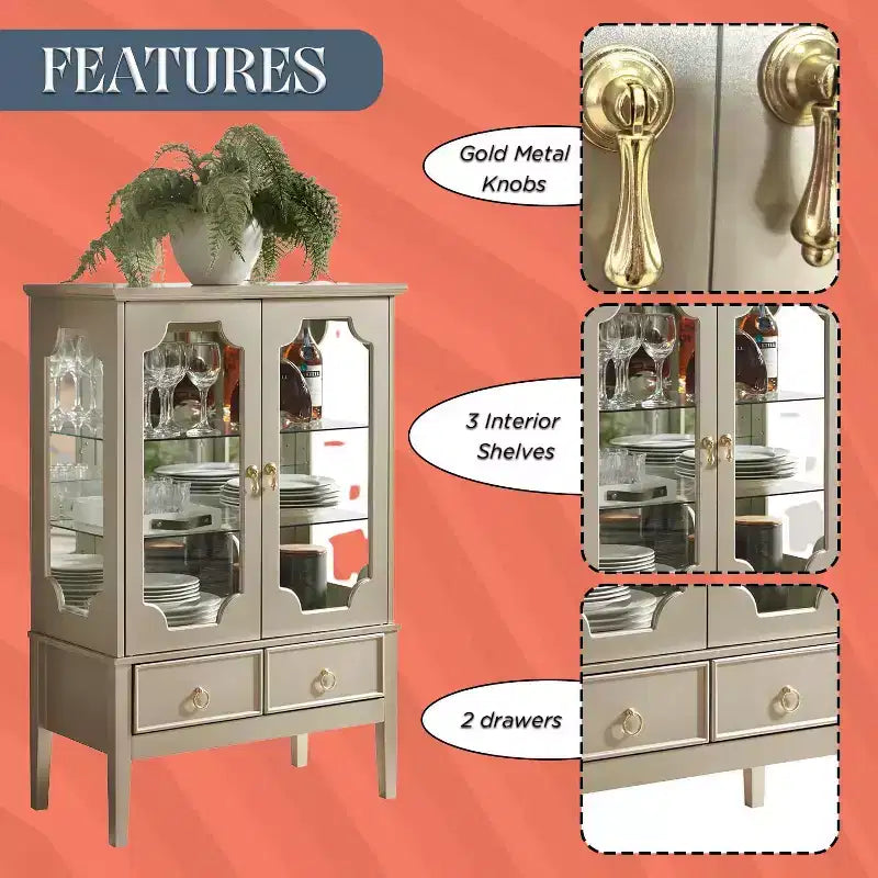 Vitrine de rangement dorée avec portes en verre et 2 tiroirs, MDF, 28"x15"x43"