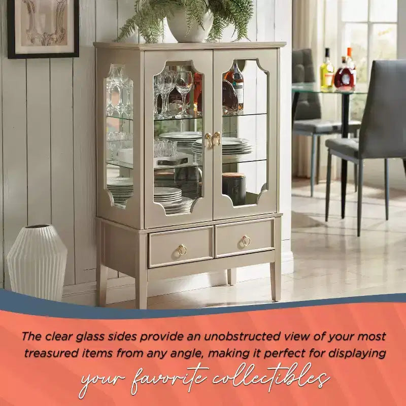 Vitrine de rangement dorée avec portes en verre et 2 tiroirs, MDF, 28"x15"x43"