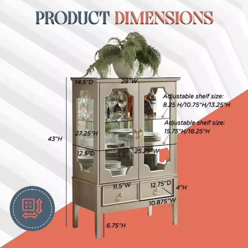 Vitrine de rangement dorée avec portes en verre et 2 tiroirs, MDF, 28"x15"x43"
