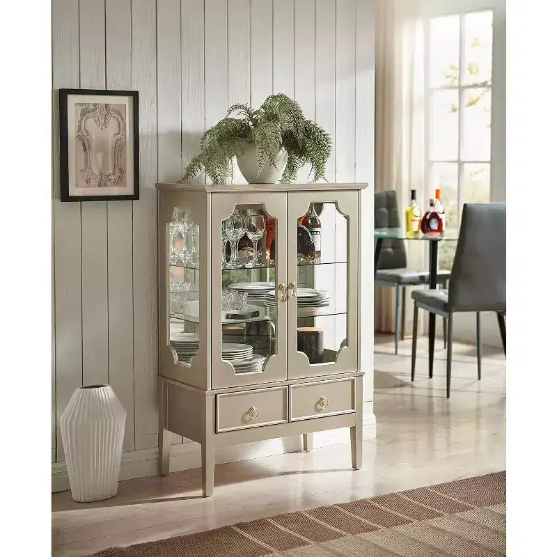 Vitrine de rangement dorée avec portes en verre et 2 tiroirs, MDF, 28"x15"x43"