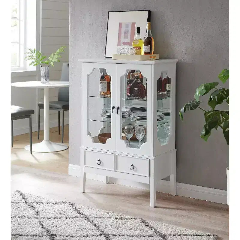 Vitrine de rangement dorée avec portes en verre et 2 tiroirs, MDF, 28"x15"x43"