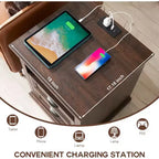 Table de chevet rustique avec station de recharge, 2 tiroirs et étagère ouverte, 18"x17"x21", Marron