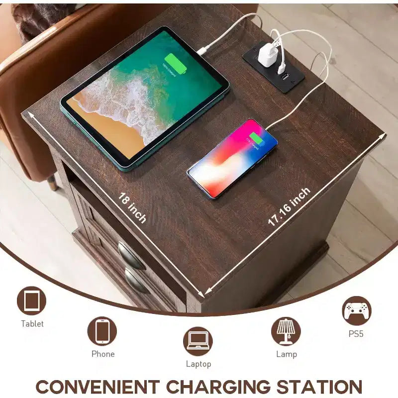 Table de chevet rustique avec station de recharge, 2 tiroirs et étagère ouverte, 18"x17"x21", Marron