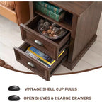 Table de chevet rustique avec station de recharge, 2 tiroirs et étagère ouverte, 18"x17"x21", Marron