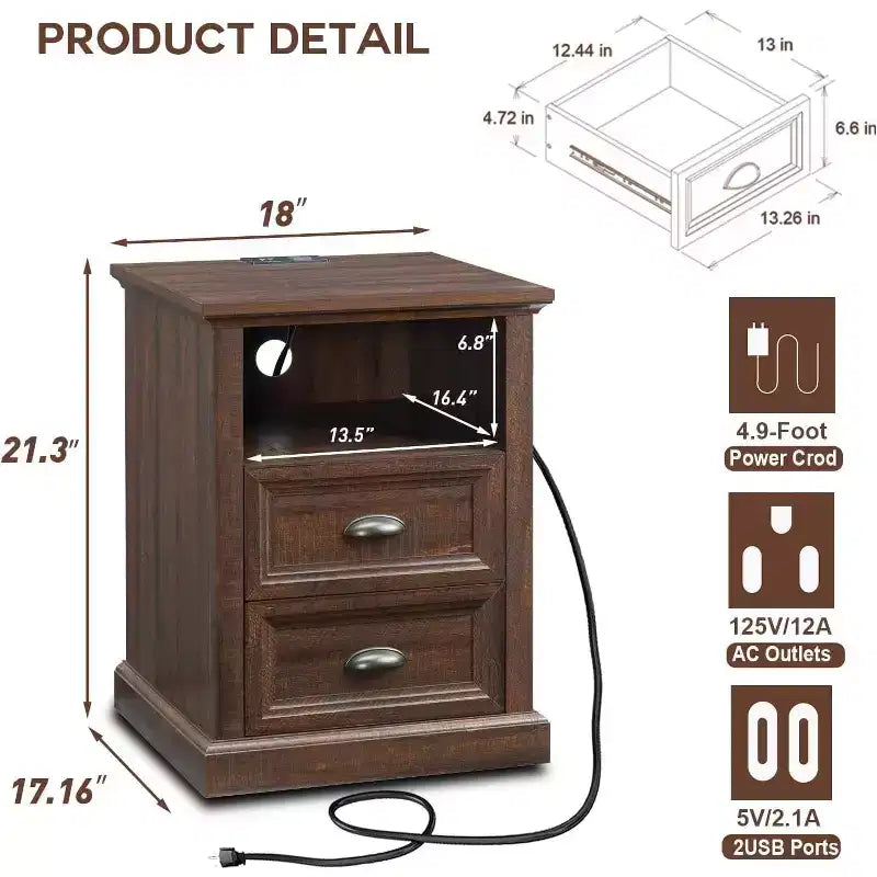 Table de chevet rustique avec station de recharge, 2 tiroirs et étagère ouverte, 18"x17"x21", Marron
