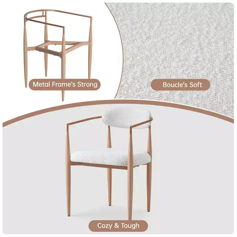 Lot de 2 fauteuils de salle à manger en bouclette avec pieds en métal imitation bois, dossier incurvé capitonné, 150 kg