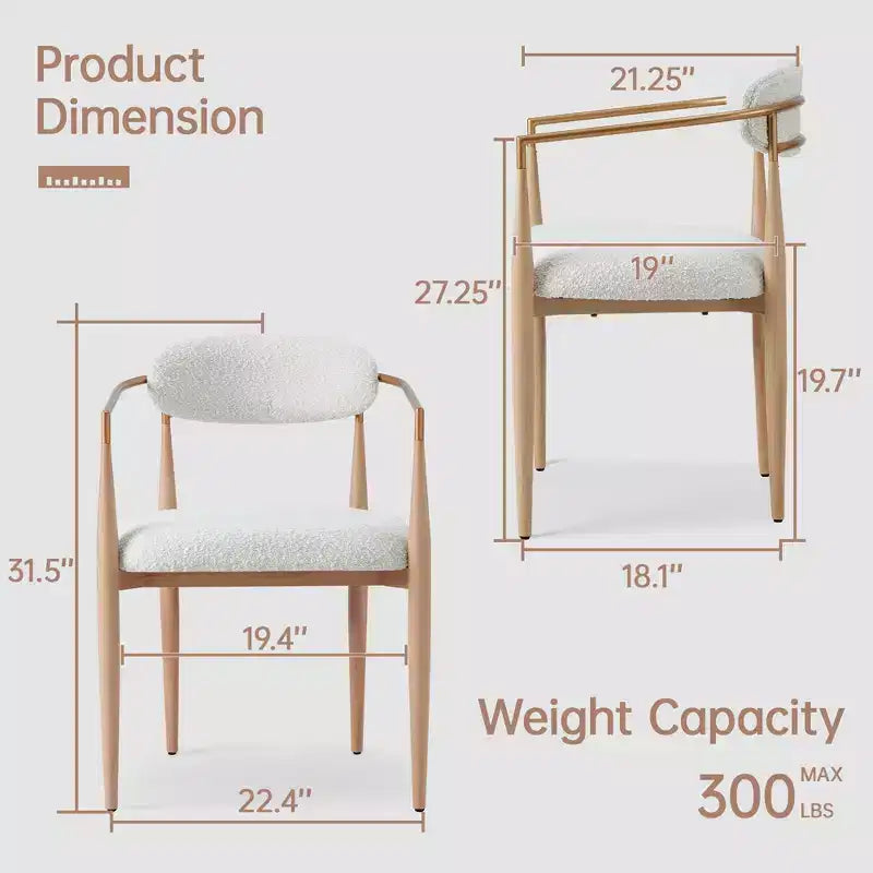 Lot de 2 fauteuils de salle à manger en bouclette avec pieds en métal imitation bois, dossier incurvé capitonné, 150 kg