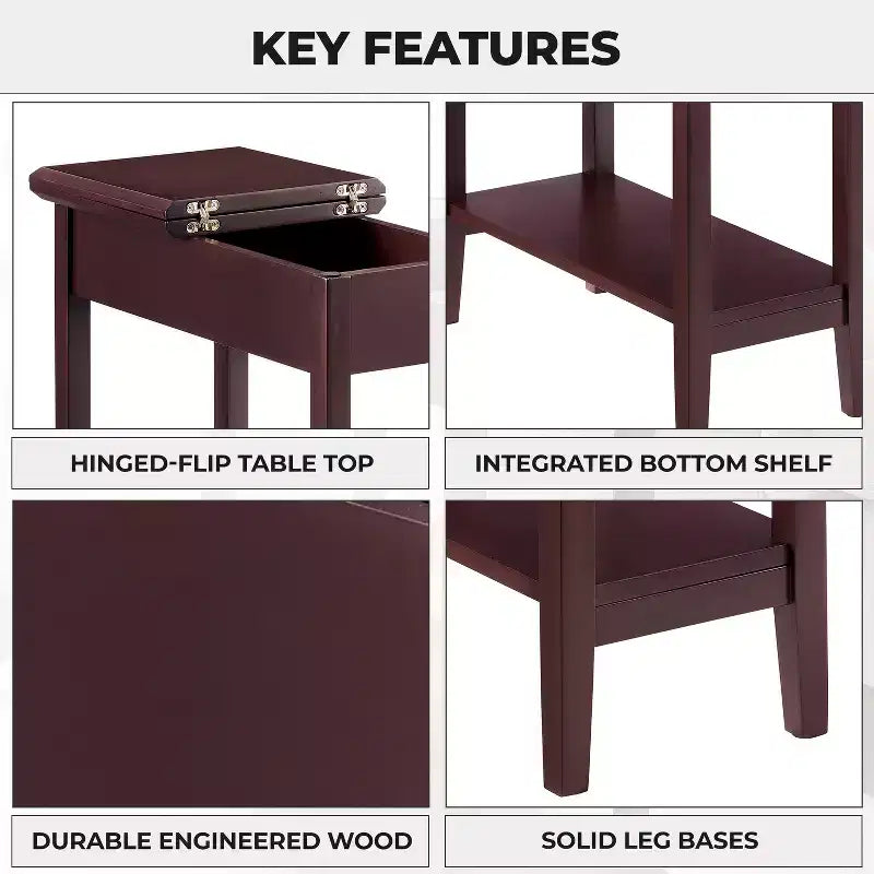 Table d'appoint relevable avec rangement dissimulé, Table d'appoint étroite en bois, 58 cm L x 28 cm l x 61 cm H