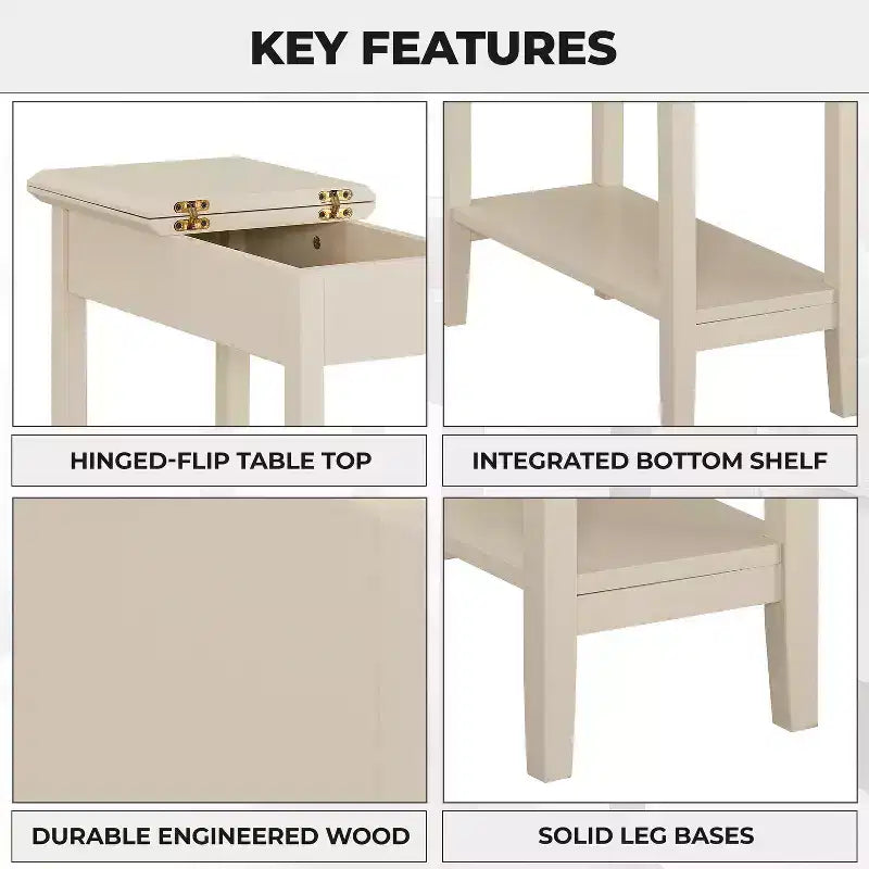 Table d'appoint relevable avec rangement dissimulé, Table d'appoint étroite en bois, 58 cm L x 28 cm l x 61 cm H