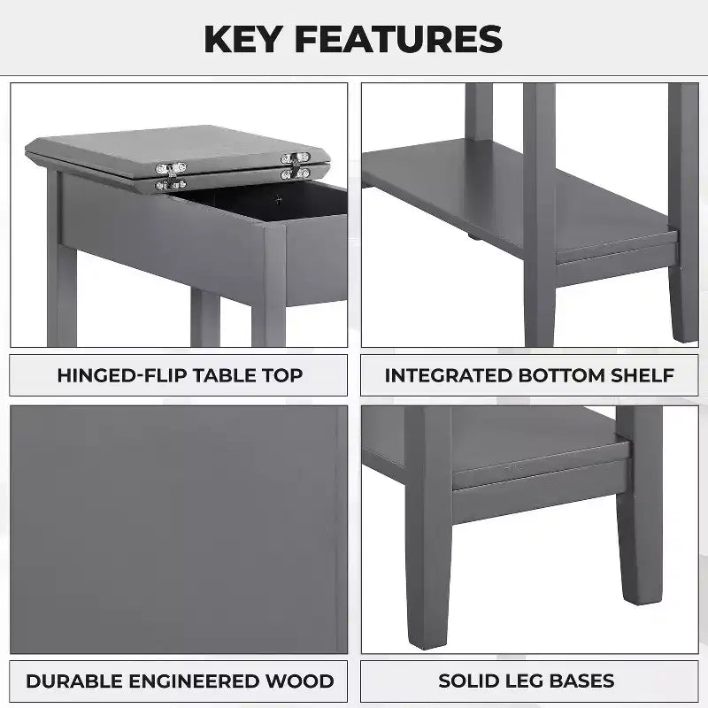 Table d'appoint relevable avec rangement dissimulé, Table d'appoint étroite en bois, 58 cm L x 28 cm l x 61 cm H