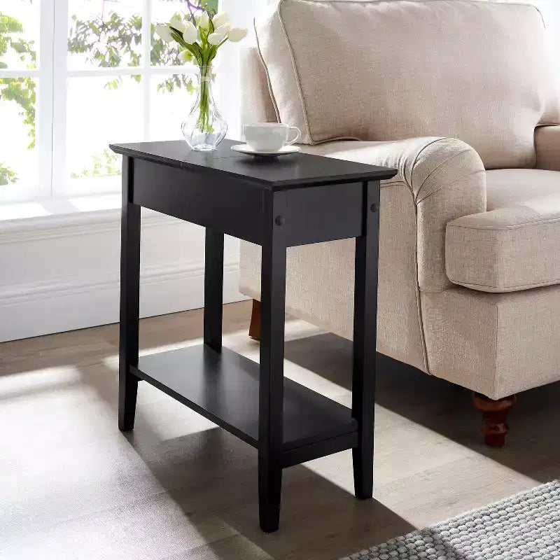 Table d'appoint relevable avec rangement dissimulé, Table d'appoint étroite en bois, 58 cm L x 28 cm l x 61 cm H