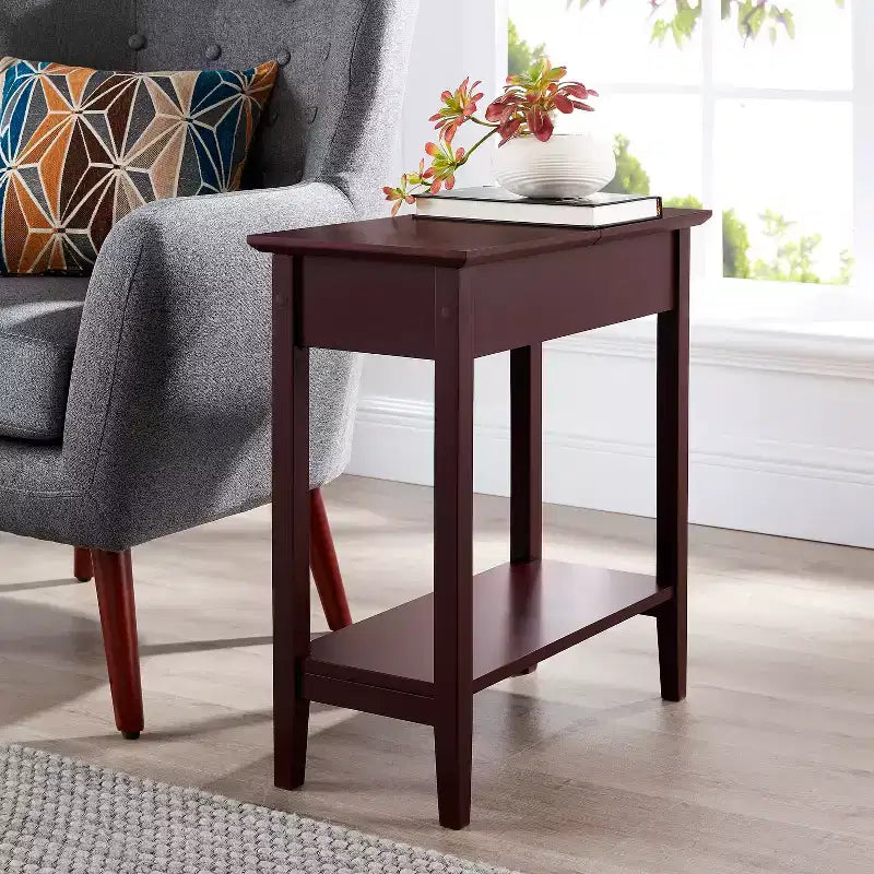 Table d'appoint relevable avec rangement dissimulé, Table d'appoint étroite en bois, 58 cm L x 28 cm l x 61 cm H