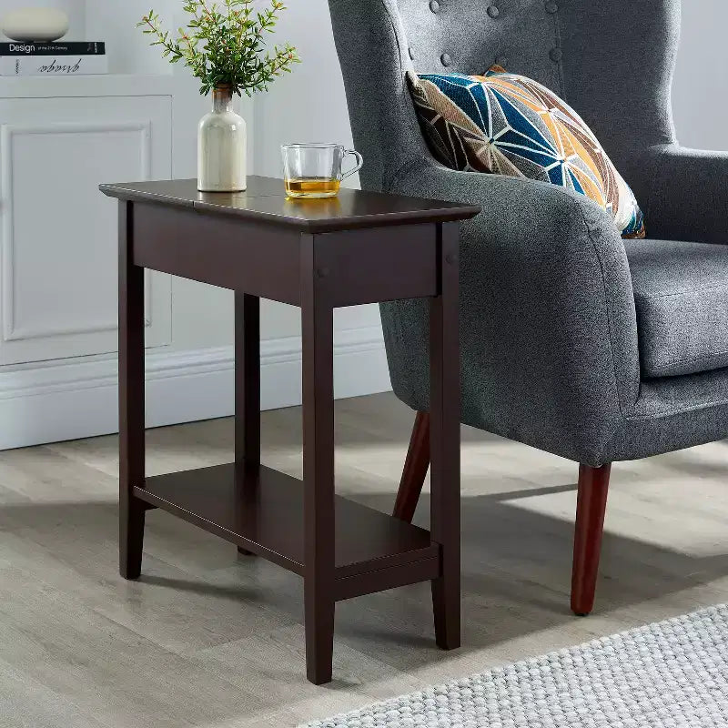Table d'appoint relevable avec rangement dissimulé, Table d'appoint étroite en bois, 58 cm L x 28 cm l x 61 cm H
