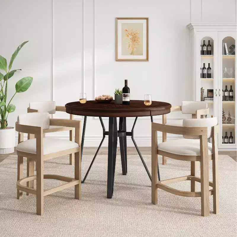 Ensemble de salle à manger 5 pièces à hauteur de comptoir, table ronde avec 4 chaises rembourrées, brun naturel