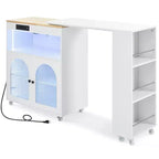 Îlot de cuisine roulant avec table extensible, éclairage LED, prises électriques, portes vitrées, rangement et étagères ouvertes