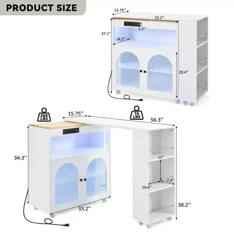 Îlot de cuisine roulant avec table extensible, éclairage LED, prises électriques, portes vitrées, rangement et étagères ouvertes