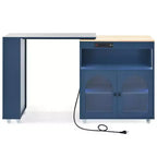 Îlot de cuisine roulant avec table extensible, éclairage LED, prises électriques, portes vitrées, rangement et étagères ouvertes