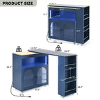 Îlot de cuisine roulant avec table extensible, éclairage LED, prises électriques, portes vitrées, rangement et étagères ouvertes