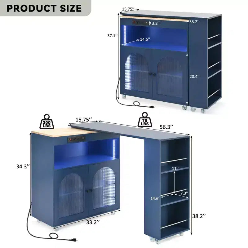 Îlot de cuisine roulant avec table extensible, éclairage LED, prises électriques, portes vitrées, rangement et étagères ouvertes