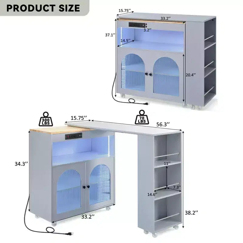 Îlot de cuisine roulant avec table extensible, éclairage LED, prises électriques, portes vitrées, rangement et étagères ouvertes