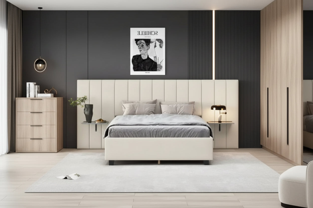 Queen Size Upholstered Platform Bed with Big Headboard, Bedroom Furniture