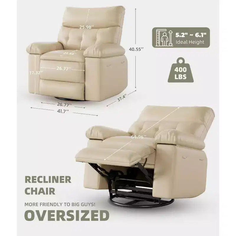Fauteuil inclinable surdimensionné pour adultes - Fauteuil inclinable et pivotant à 360° en cuir PU, mécanisme d'inclinaison manuel, pour salon/salle de cinéma à domicile